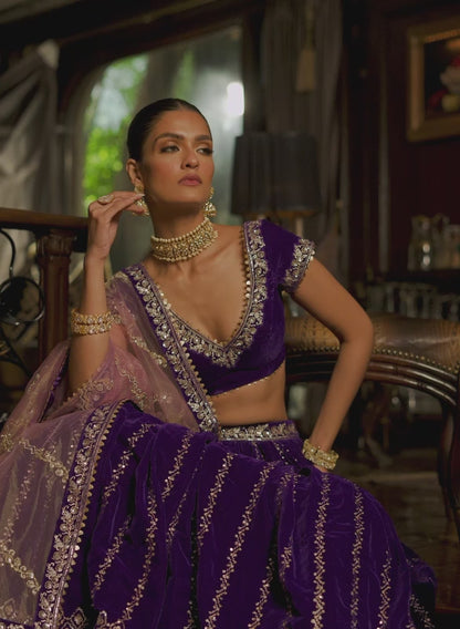 Purple Embroidered Velvet Lehenga