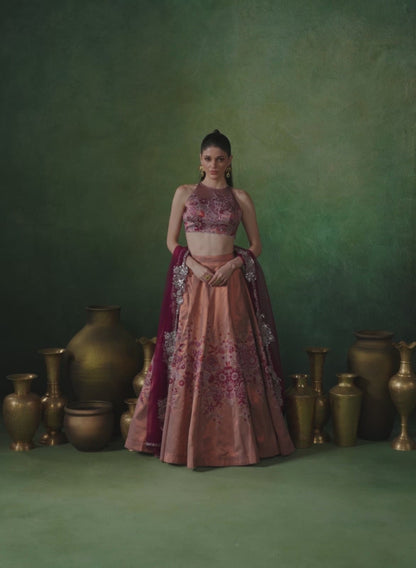 Dusty Peach and Magenta Embroidered Lehenga