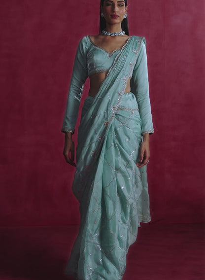 Mint Green Embroidered Silk Saree