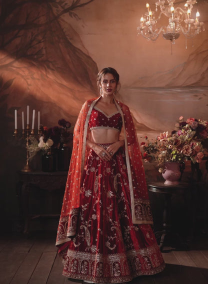 Rust Embroidered Velvet Lehenga