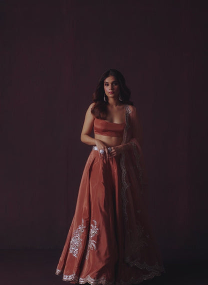 Rust Brown Embroidered Crepe Lehenga