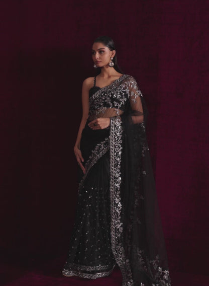 Black Embroidered Net Saree