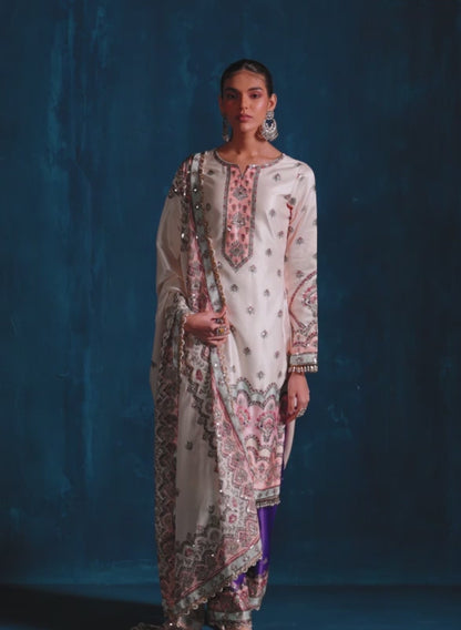 Cream Multicolor Embroidered Palazzo Suit