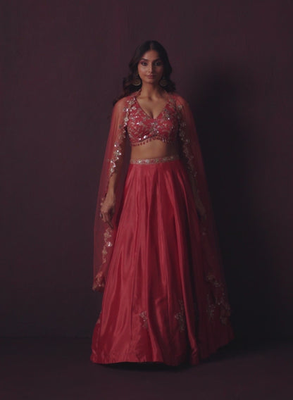 Rust Embroidered Chinon Lehenga