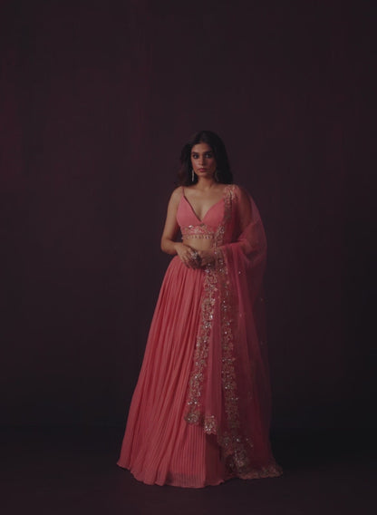 Coral Pink Embroidered Georgette Lehenga