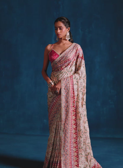 Hot Pink and Ivory Multicolor Embroidered Saree