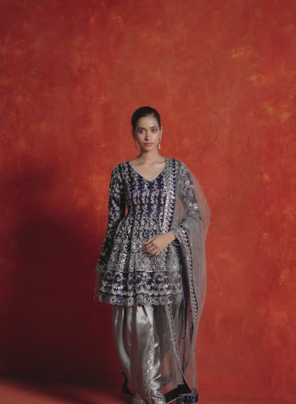 Navy Blue and Grey Embroidered Punjabi Suit