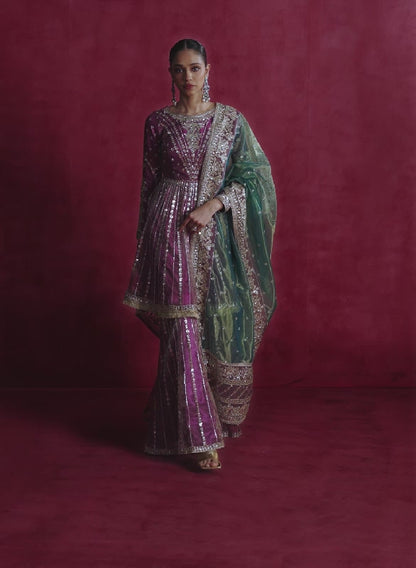 Purple Embroidered Peplum Style Gharara