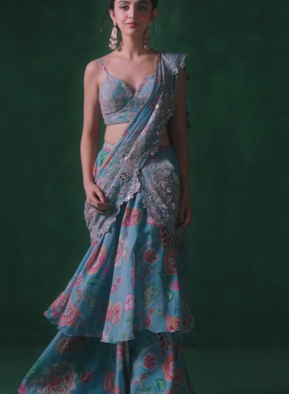 Light Blue Multicolor Floral Printed Saree