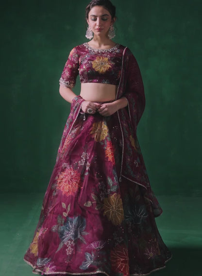 Wine Multicolor Floral Printed Lehenga