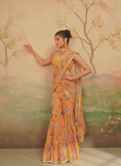 Mustard Yellow Floral Printed Pant Saree