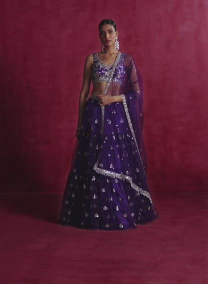 Purple Embroidered Net Lehenga