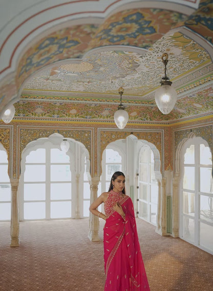 Hot Pink Embroidered Viscose Organza Saree