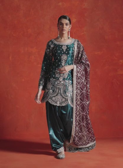 Teal Blue and Wine Embroidered Punjabi Suit