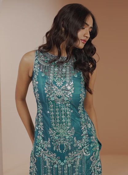 Dark Teal Embroidered Straight Suit