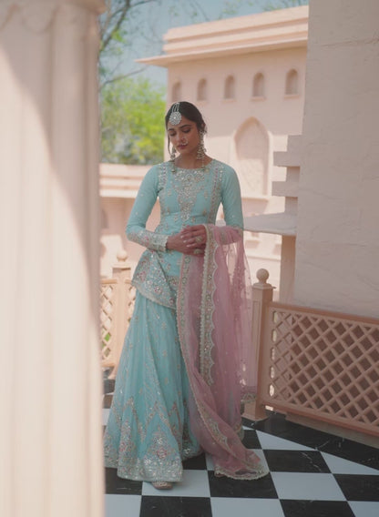 Dusty Mint and Pink Embroidered Sharara