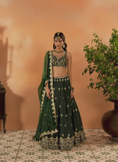 Dark Green Embroidered Lehenga