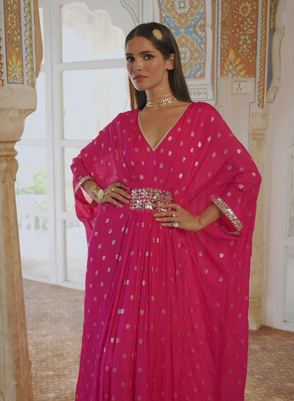 Hot Pink Embroidered Brocade Kaftan