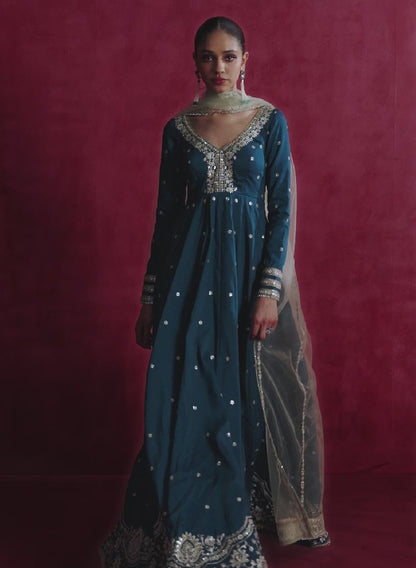 Peacock Blue Embroidered Anarkali