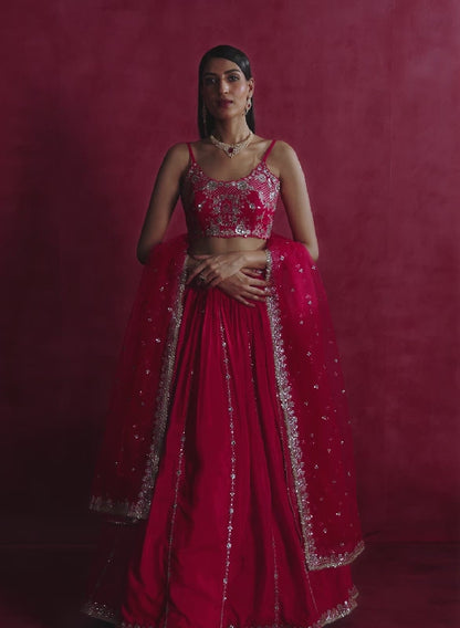 Hot Pink Embroidered Crepe Silk Lehenga