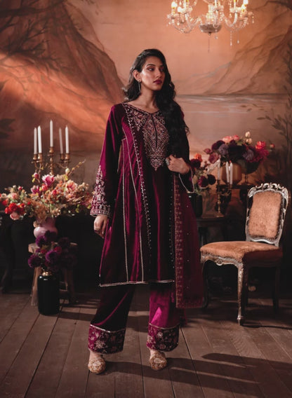 Burgundy Embroidered Velvet Pant Suit