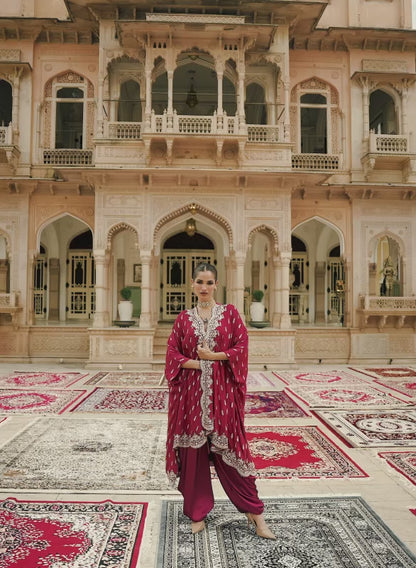 Maroon Embroidered Cape Dhoti Set