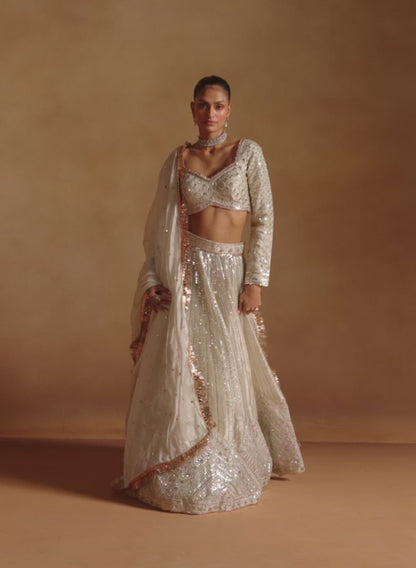 Ivory Embroidered Tissue Lehenga