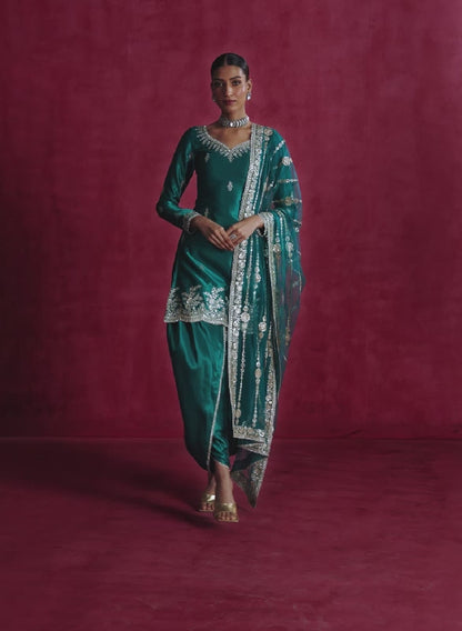 Sea Green Embroidered Satin Punjabi Suit