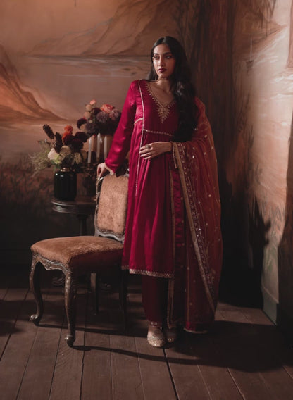 Red Embroidered Velvet Kurta Style Pant Suit