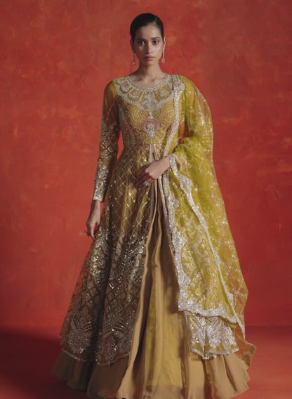 Dusty Yellow Embroidered Anarkali Style Lehenga