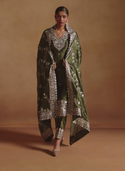 Dark Green Embroidered Tissue Straight Suit