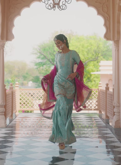 Dusty Mint Embroidered Gharara Suit