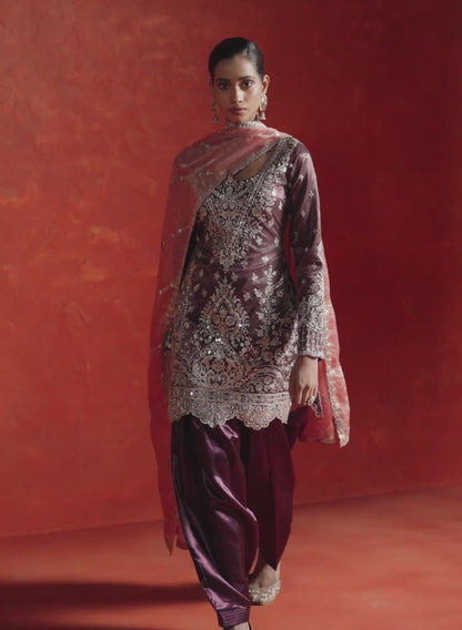 Wine Embroidered Satin Punjabi Suit