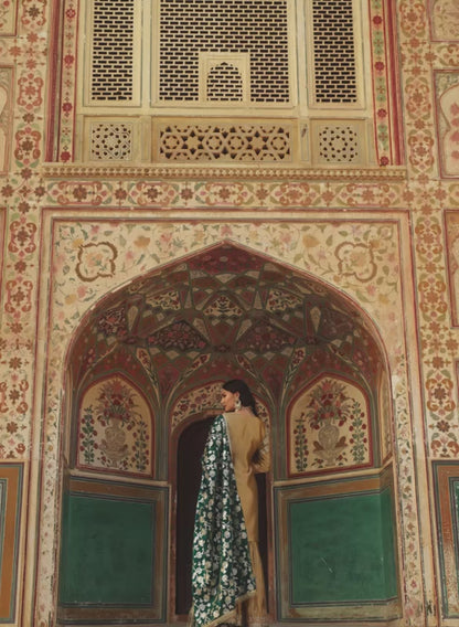 Gold and Green Embroidered Satin Gharara