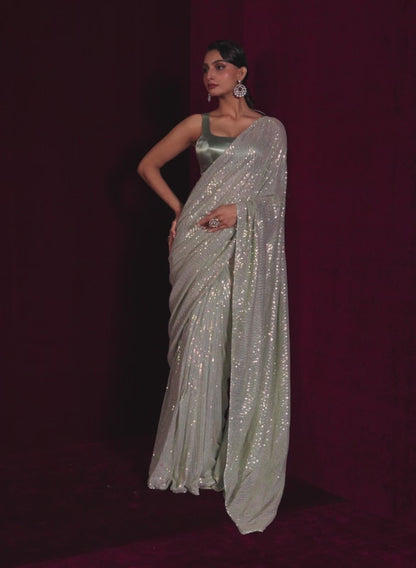 Light Dusty Green Embroidered Saree