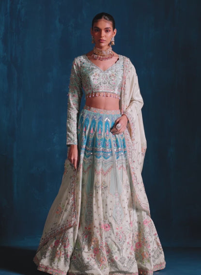 Off White and Sky Blue Multicolor Embroidered Lehenga