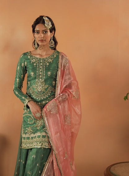 Green and Pink Embroidered Sharara Suit