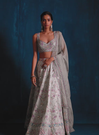 Grey Multicolor Embroidered Lehenga