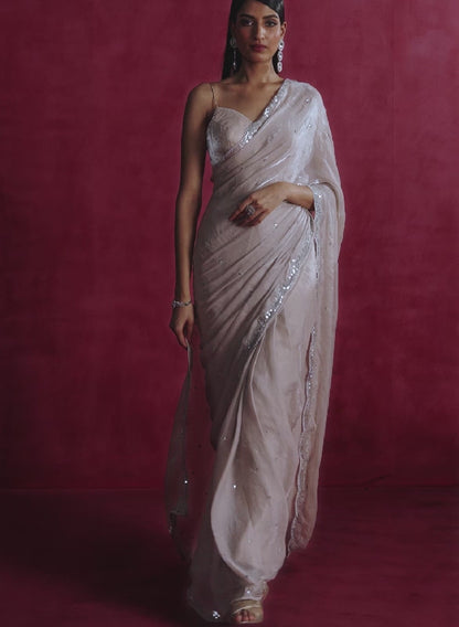 Nude Embroidered Silk Saree