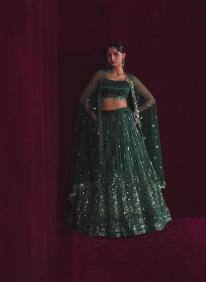 Dark Green Embroidered Net Lehenga