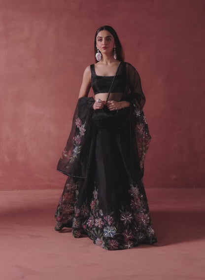 Black Multicolor Floral Printed Lehenga