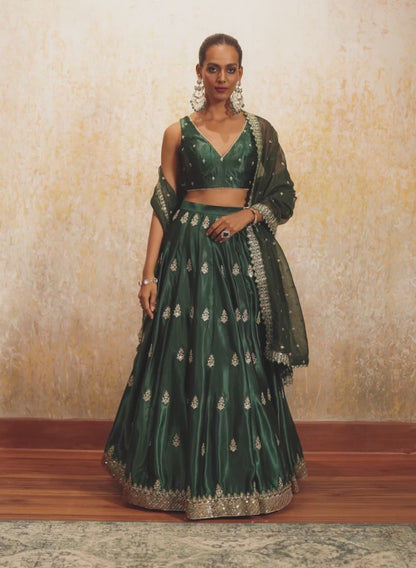 Dark Green Embroidered Lehenga