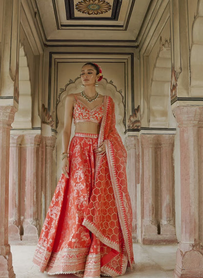 Orange Embroidered Brocade Lehenga