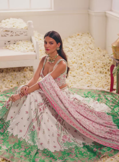 White Multicolor Floral Printed Lehenga