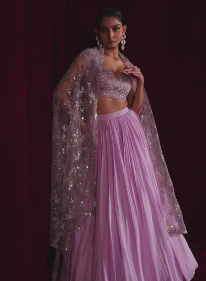 Lavender Embroidered Viscose Organza Lehenga