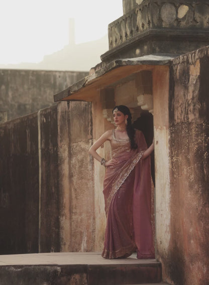 Dusty Rose Embroidered Tissue Silk Saree