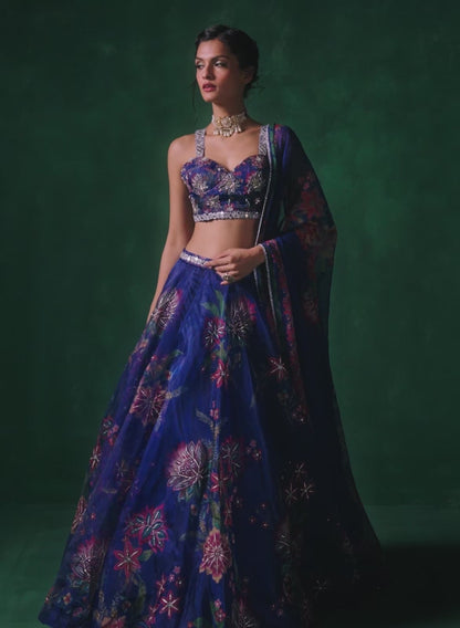 Royal Blue Multicolor Floral Printed Lehenga