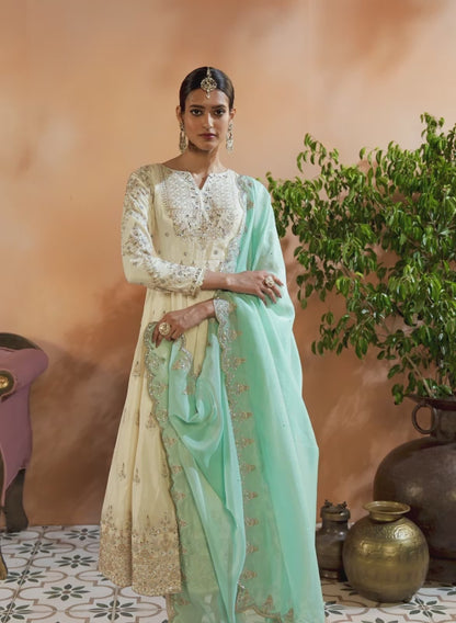 Off White Embroidered Anarkali Style Punjabi Suit