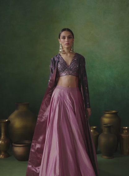 Pink and Purple Embroidered Jacket Style Lehenga