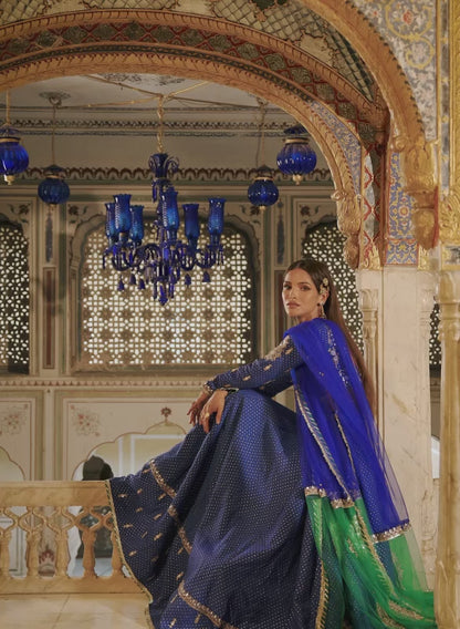 Royal Blue Embroidered Brocade Lehenga